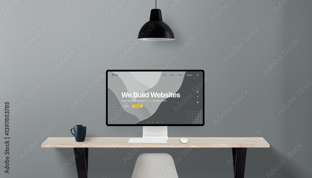 Poster Simple work desk with computer display showing concept website for a web design studio, ‘We Build Websites’ headline, grey wall and lamp above