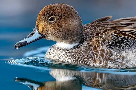 Close-up of a Northern Pintail duck swimming in vibrant blue water under midday sun