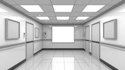 Fototapeta premium A long white corridor with framed art and bright ceiling lights
