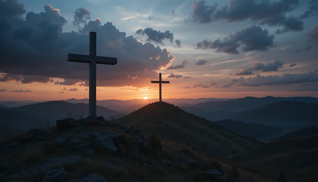 Two crosses stand atop hills against a sunset sky with clouds and mountain ranges in the background
