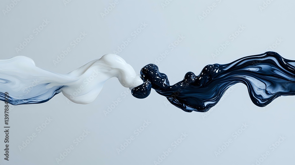 Poster contrasting black and white liquid streams collide and swirl in abstract fluid motion against light 
