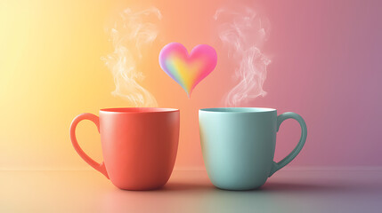 two cups with rainbow steam forming a heart for LGBTQ+ pride month, symbolizing diversity and love