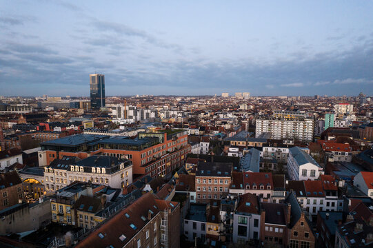 Aerial view of beautiful urban landscape with historic buildings and rooftops at sunset, Sablon, Brussels-Capital, Belgium.