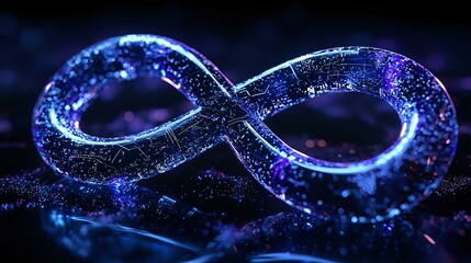Glowing infinity symbol with sparkling particles in deep blue and purple colors against dark background, mystical cosmic effect for spiritual designs.