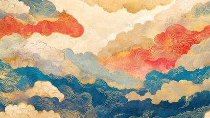A modern interpretation of traditional Chinese cloud patterns in vibrant auspicious colors
