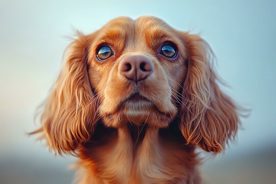 Close up portrait of Cavalier King Charles Spaniel with bright blue eyes and ruby colored coat against soft blurred background, looking directly at camera.