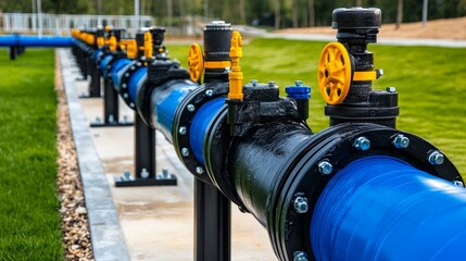 Industrial water pipeline with valves and fittings in a green landscape