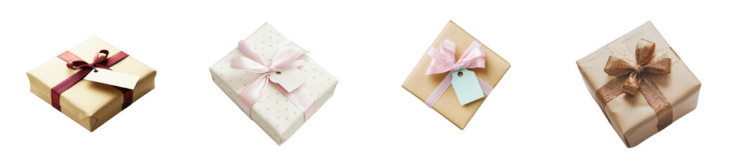 Gift boxes wrapped in ribbons celebratory event home setting. Cut out png set
