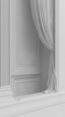 Fototapeta premium Architectural details showcase elegant white walls and draped fabric curtains