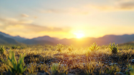 Obraz premium Sunset Over Rocky Meadow With Mountains
