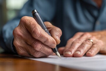 Close Up of Hand Writing with Pen on Paper in Office Setting with Natural Lighting
