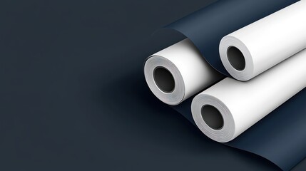 Fototapeta premium Three white rolls of paper resting on dark blue sheets