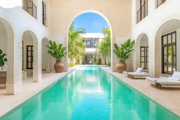 An elegant pool in the center of an Arabic-style courtyard, with large arches and white limestone walls, surrounded by wooden sun loungers, plants, and terracotta pots. 