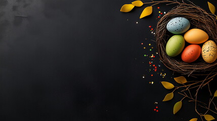 Easter background with colorful eggs in a bird's nest on a black table, top view, flat lay, concept design for a banner template. Copy space text, horizontal. 