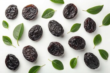 Dried plums with leavers on white background