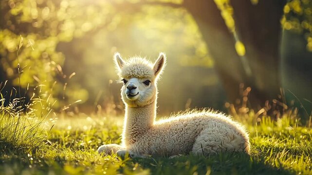 Adorable white alpaca cria resting in sunlit pasture