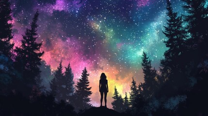 Obraz premium Woman gazes at a vibrant, starry sky from a hilltop. Silhouetted trees frame a peaceful, colorful nightscape