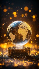 Golden globe sits atop a pedestal, surrounded by shining bokeh lights