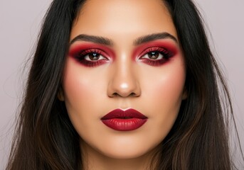 Fototapeta premium Studio portrait of a fashion model showing intense red makeup and long dark hair