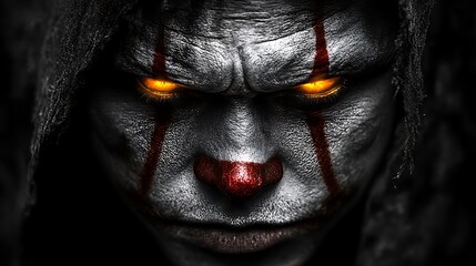 A menacing clown face with glowing eyes in a dark image.