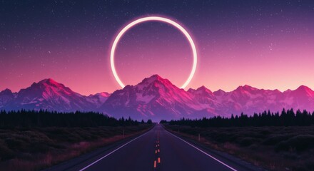 Scenic Road Leading to Majestic Mountains Under a Night Sky with Circle
