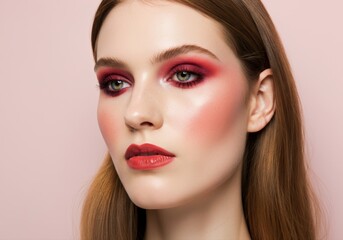 Fototapeta premium Beauty portrait of young caucasian woman with red eyeshadow and lipstick makeup posing on pink background