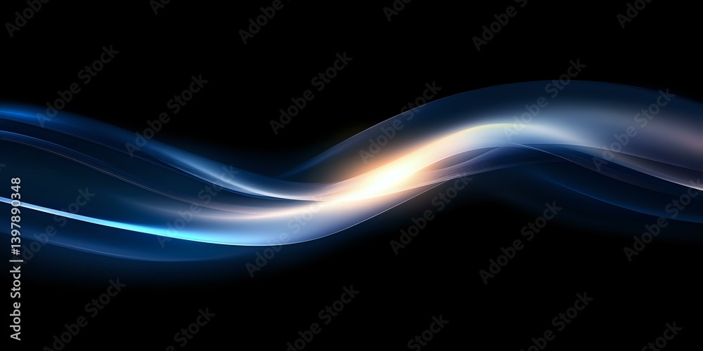 Poster glowing blue and white light waves flow smoothly across dark background creating dynamic motion effe