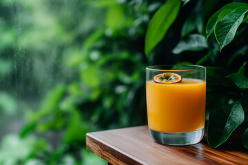 Fresh Tropical Drink with Passionfruit Slice on Wooden Table Surrounded by Lush Greenery