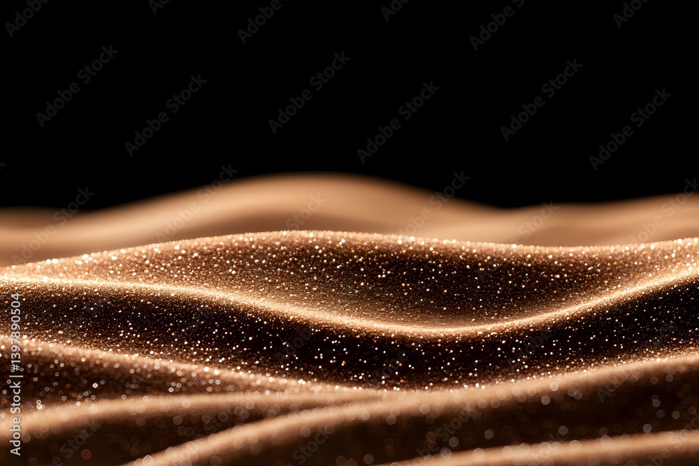 Poster glowing golden waves with sparkling particles on black background create mesmerizing abstract patter