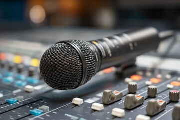 Close-Up of a Professional Microphone on a Mixing Console in a Recording Studio Environment