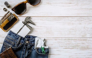 Flat lay accessories tools and clothing for worker on rusty white wooden with copy space. Blank space top view for labor or labour day, worker's day, father's day and home DIY repair concept.