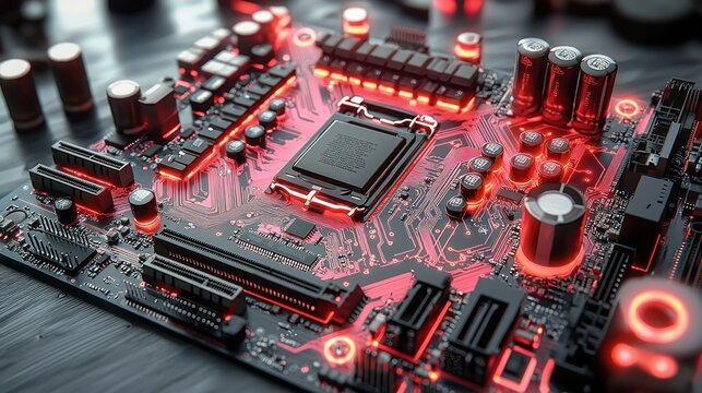Close-up view of a technologically advanced computer motherboard with illuminated components