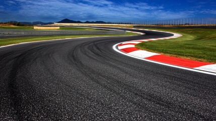 Naklejka premium Curved racetrack with vibrant grass and blue sky in the background