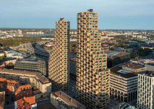 Stockholm, Sweden - 03 April 2025: Aerial view of modern highrise towers and beautiful cityscape with metro station, Norra Tornen, Vasastaden, Stockholm, Sweden.