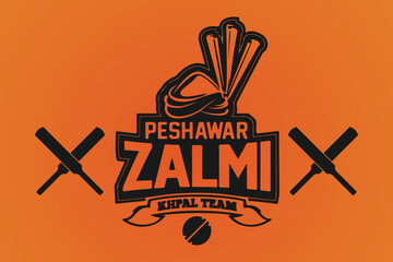 Peshawar Zalmi logo: a vibrant orange design with a Peshawari turban, cricket stumps, crossed bats, and a ball. "PESHAWAR ZALMI" and "KHPAL TEAM" in bold black.
