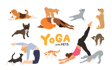 Woman practicing yoga exercise with cute cat at home. Happy person doing stretching workout with pet. Young female working out with dog. Flat vector illustration isolated on white background