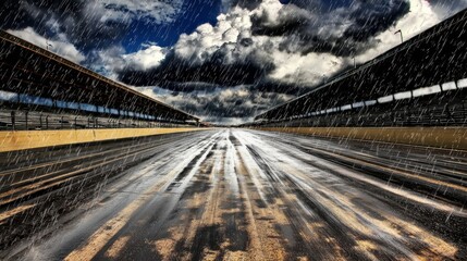 Fototapeta premium Rain-soaked racetrack under dramatic clouds and heavy rainfall