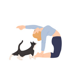 Woman practicing yoga exercise with cute cat at home. Happy person doing stretching workout with pet. Young female working out with dog. Flat vector illustration isolated on white background