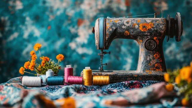 Rusty antique sewing machine with colorful threads on a fabric surface, flowers in the background - Powered by Adobe