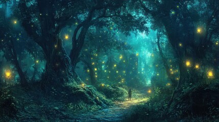 Obraz premium Enigmatic Forest Path Illuminating with Fairy Lights and Mysterious Figure