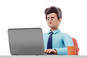 A man  sits at a desk working on a laptop
