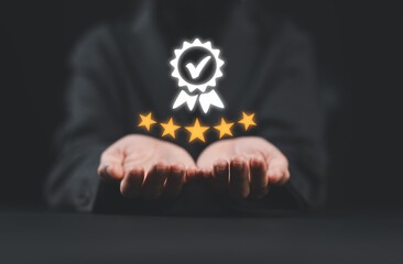 Quality Assurance Concept. Women show high quality assurance, good service, premium, five stars,...