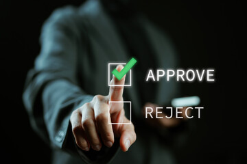 Approved, accept, pass inspection, Businesswoman writing or tick correct mark to approve document...