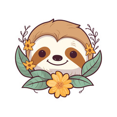Cute Sloth with Flowers and Leaves Illustration