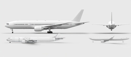 An airplane is displayed in multiple views of its design and structure