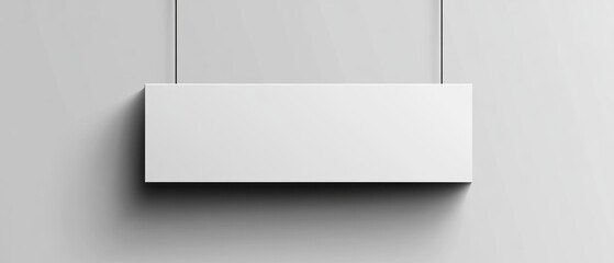 A plain white rectangular sign suspended from two thin black wires