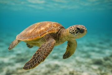 Obraz premium Green Sea Turtle Swimming Gracefully in Clear Tropical Waters