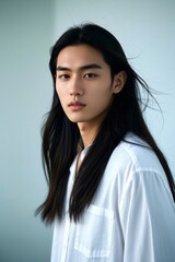 Fototapeta premium arafed asian man with long black hair wearing a white shirt