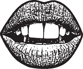 PrintGrunge Lip Illustration, The lips are slightly parted, revealing sharp, elongated canine teeth (fangs) alongside other upper and lower teeth.
