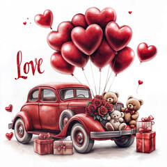 Vintage red car adorned with roses and red heart-shaped balloons, accompanied by a teddy bears and the word “Love”. Perfect for Valentine day, weddings and other events.